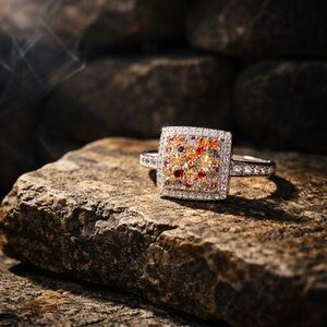 925 Silver with Red (or orange), Light Pink and CZ Gemstone Ring 💍 size 8